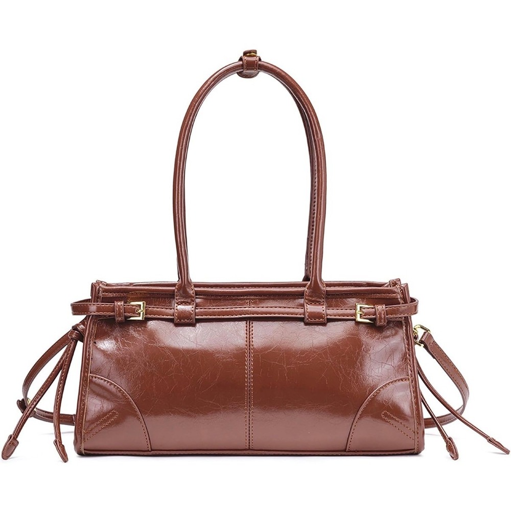 NEWBELLA Brown Faux Leather Shoulder Bag Buckle Detail East West Satchel